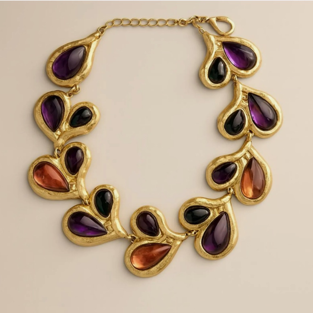 Vintage Large Jelly Belly Gold Finish Necklace Clear & Purple Teardrops - Picture 3 of 5